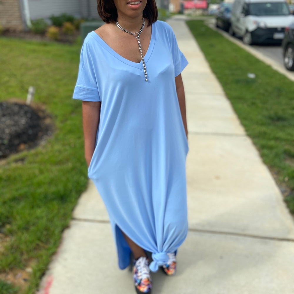 Blue V-Neck T Shirt Dress